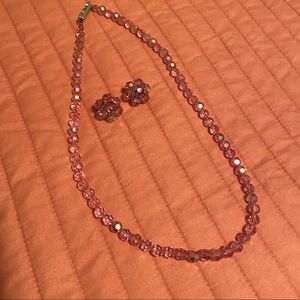 Vintage Pink Aurora Borealis Crystal Necklace Set